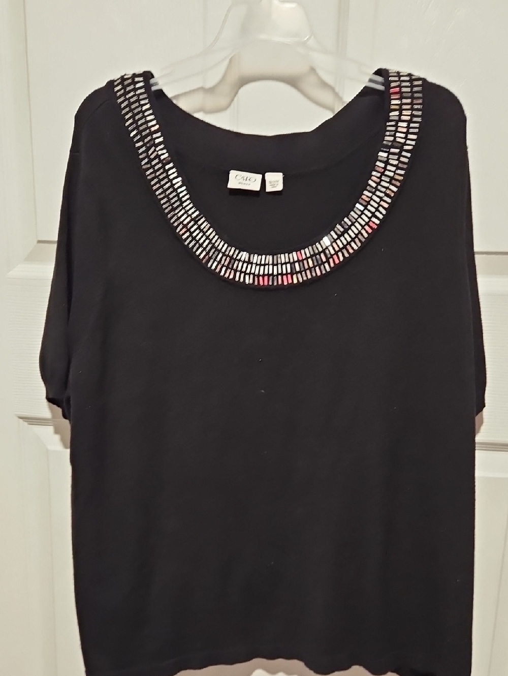 Cato Black Short Sleeve Top with Embellished Scoop Neck